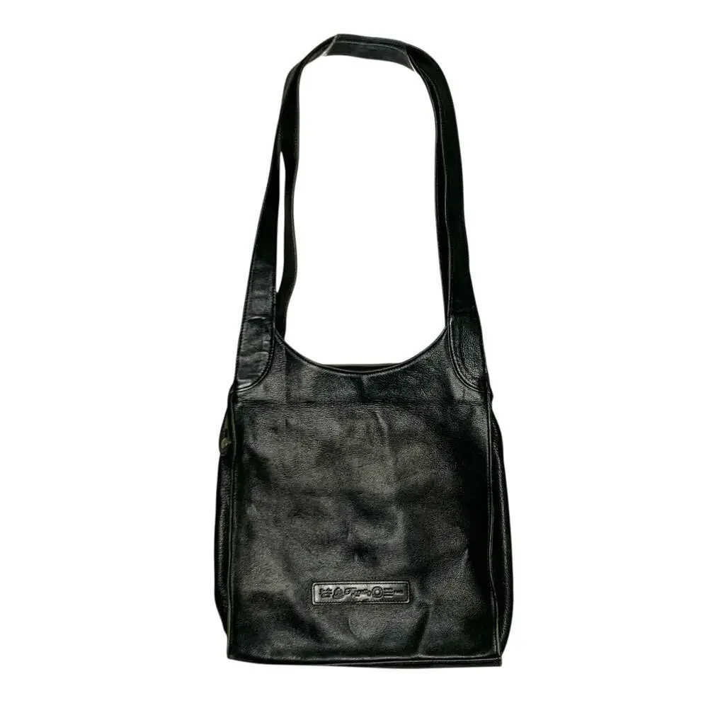 Fossil Black Leather Saddle Shoulder Bag Purse Large Zip Closure Key Charm
